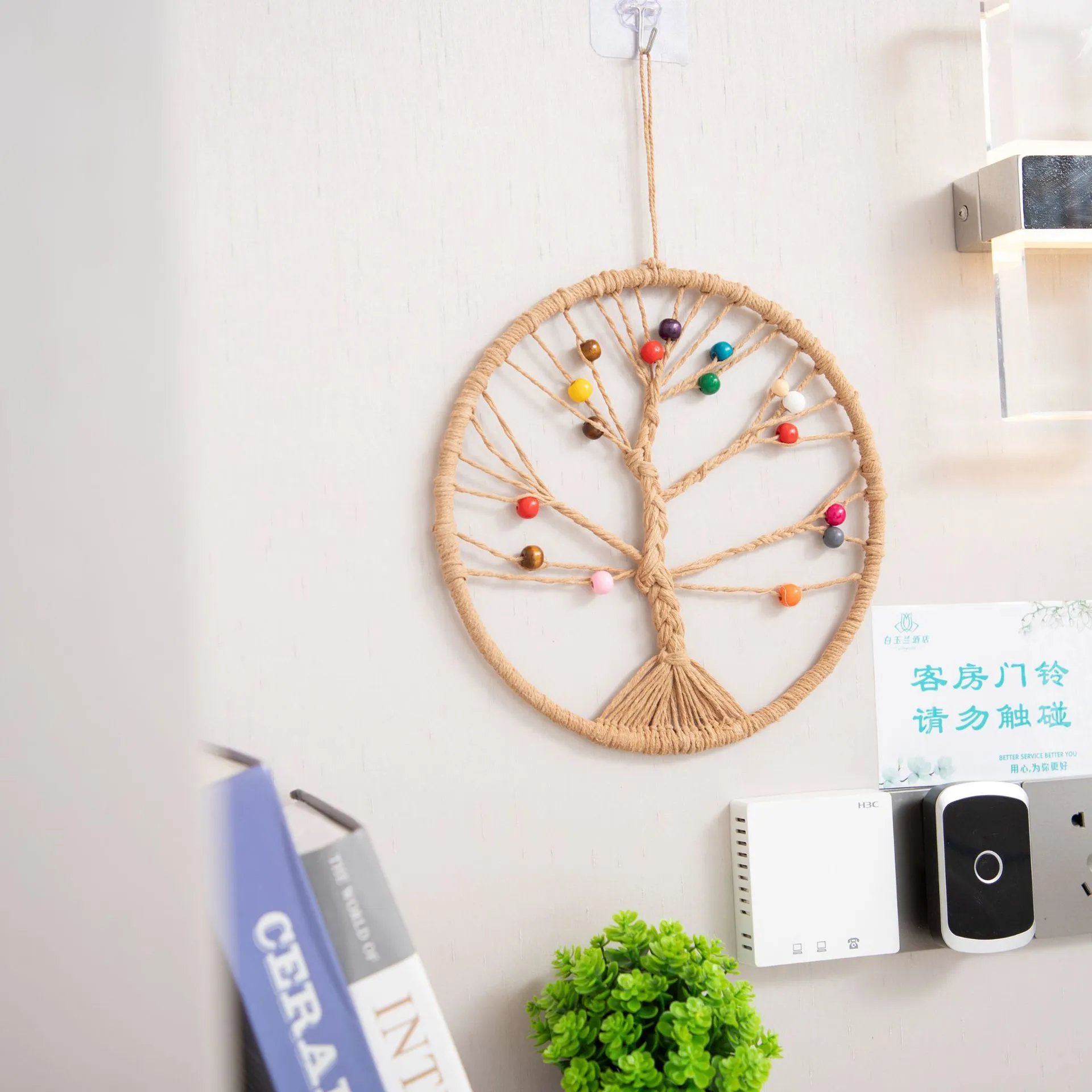 Woven Wall Decor Paper Rope Handmade Colorful Wooden Beads Round Living Room Wall Hanging Home Wall Pendant Wall