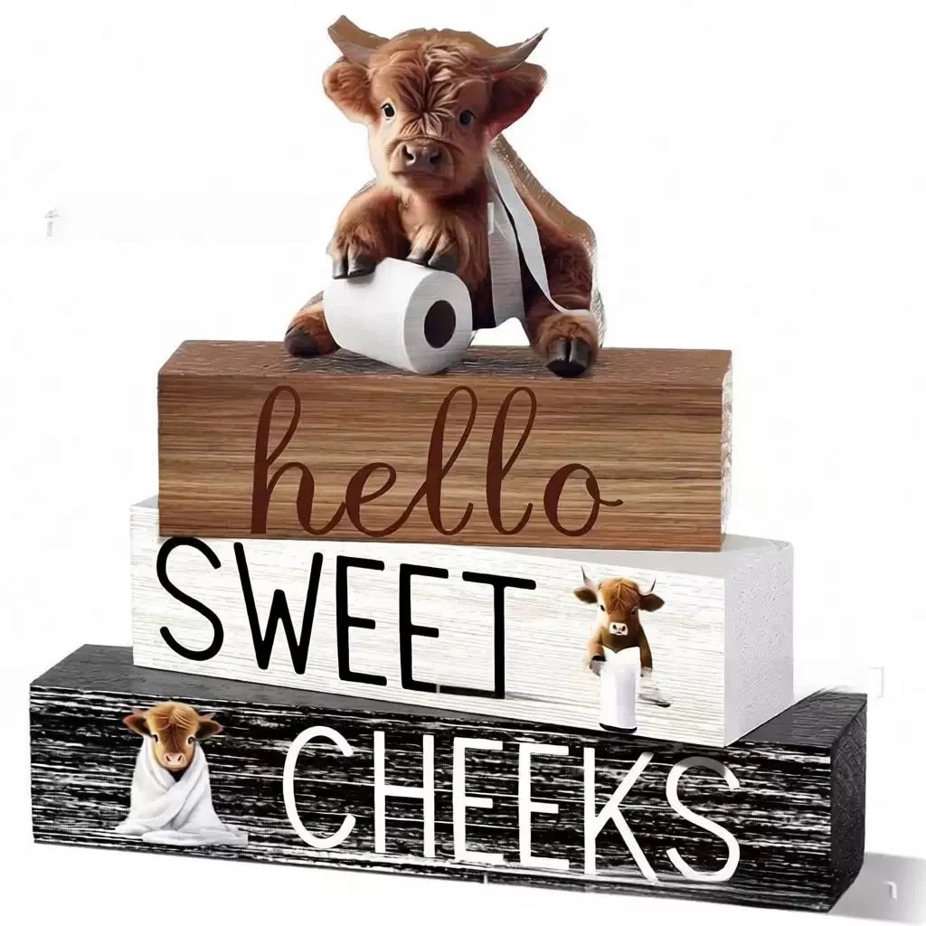 Set Of Four Highland Cow Wooden Bathroom Farmhouse Table Decor Layered Tray Ornament Desktop Living Room | Decorative Figurine