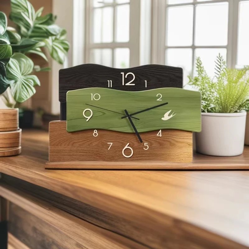 Medieval Style Wood Grain Desktop Silent Clock Ornament Living Room Wall Clock Tv Screen Creative Table | Decorative Clock