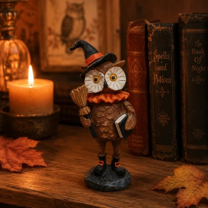 Vintage Halloween Statue Retro Halloween Witch Owl Resin Ornament | Halloween Decor