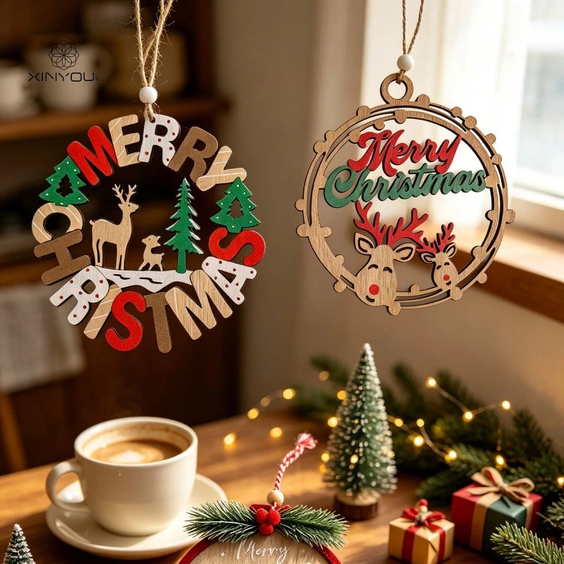 Christmas Hollow Wooden Color Pendant Creative Deer Pattern Round Holiday Dress Atmosphere Decor | Christmas Decor