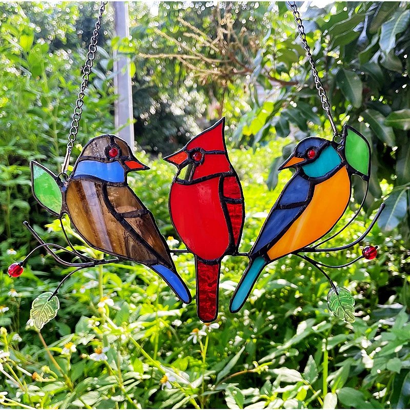 Supply Stained Glass Decorative Craft Glass Bird Pendant Three Bird Pendant Garden Window Pendant Gift | Decorative Figurine