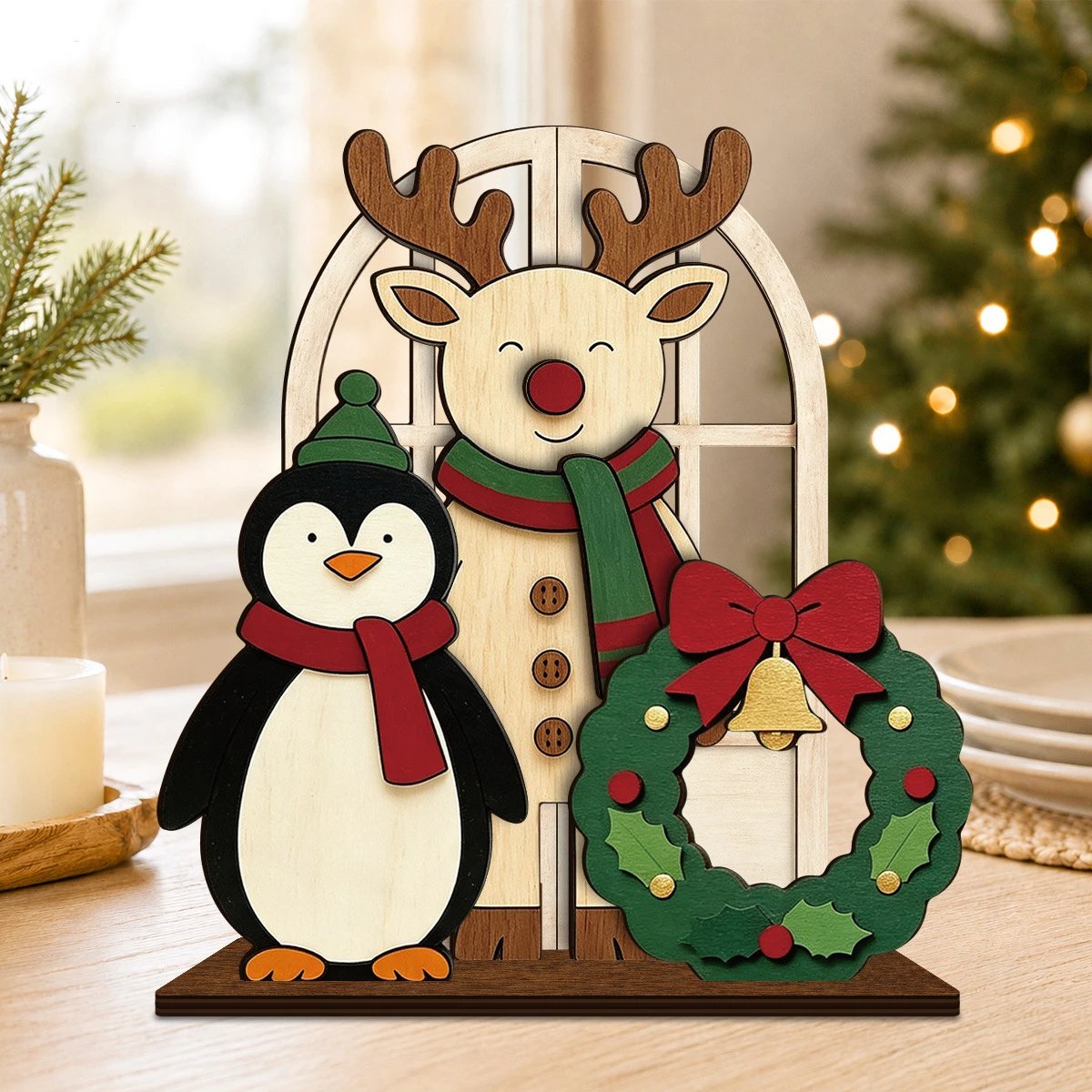 1 Piece Reindeer And Penguin Wreath With Bow - Freestanding Arched Window Frame Table Decor Retro