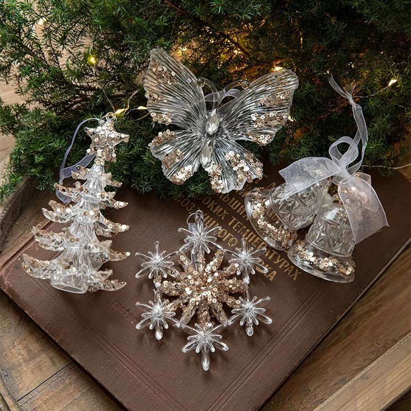 Christmas Decor Sequined Acrylic Pendants Transparent Snowflake Pendants Christmas Tree Scene Decor Props