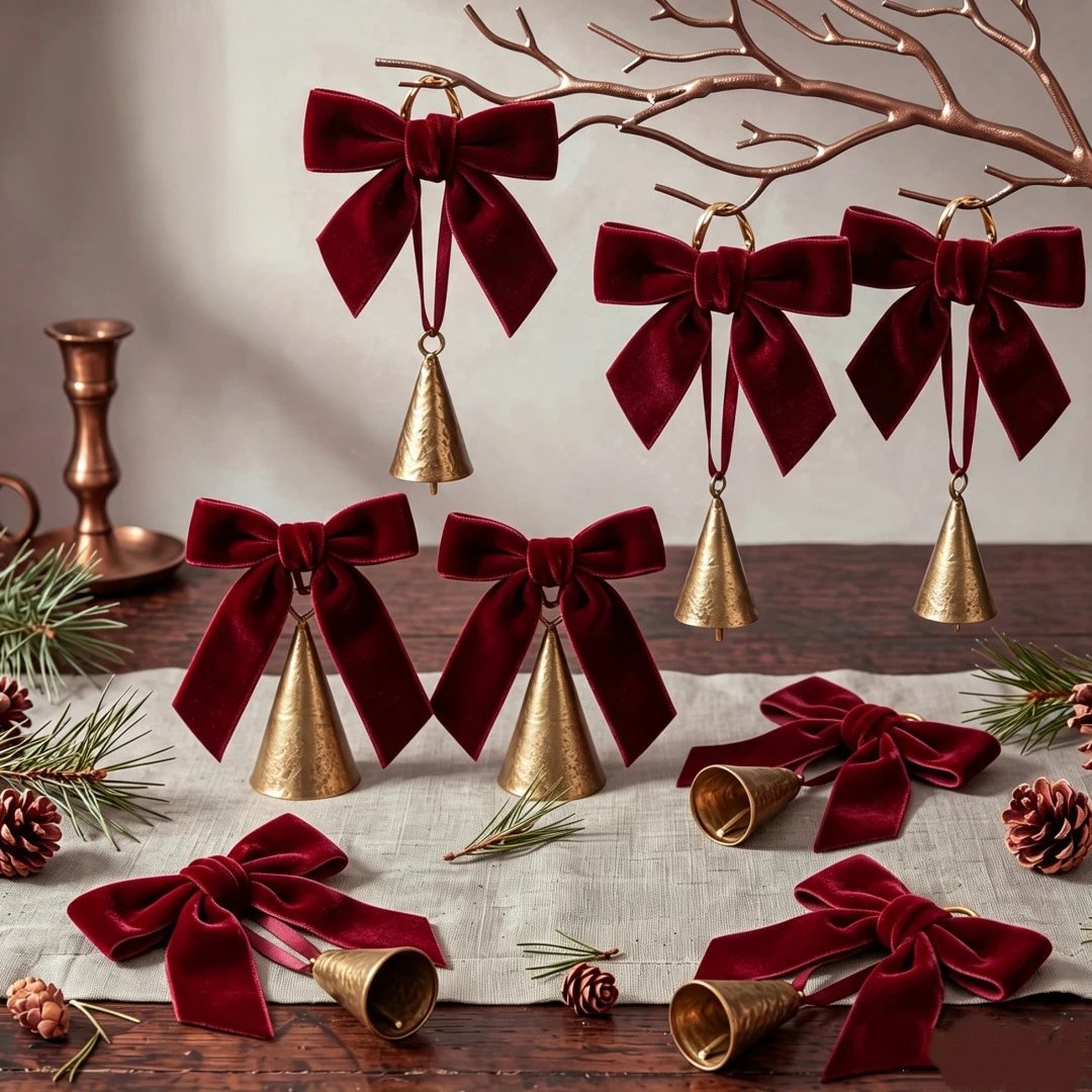 6pcs Velvet Bow With Brass Bell Decor Christmas Tree Garland Wedding Retro Rattle Hanging Decor | Christmas Decor