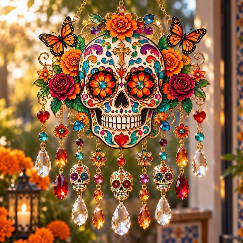 Día De Los Muertos Crystal Suncatcher Day Of The Dead Crystal Wind Chime F | Home Decor