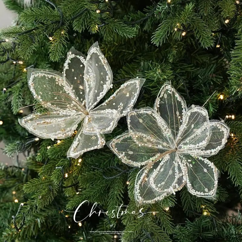 Christmas Mesh Striped Pearl Sticky Pink Leaf Pattern Christmas Flower Pendant Christmas Atmosphere Decor | Christmas Decor