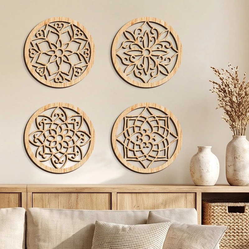 Bohemian Style Flower Plant Hollow Wooden Hanging Mandala Flower Striped Wall Hanging Wall Decor Wood Art Decor