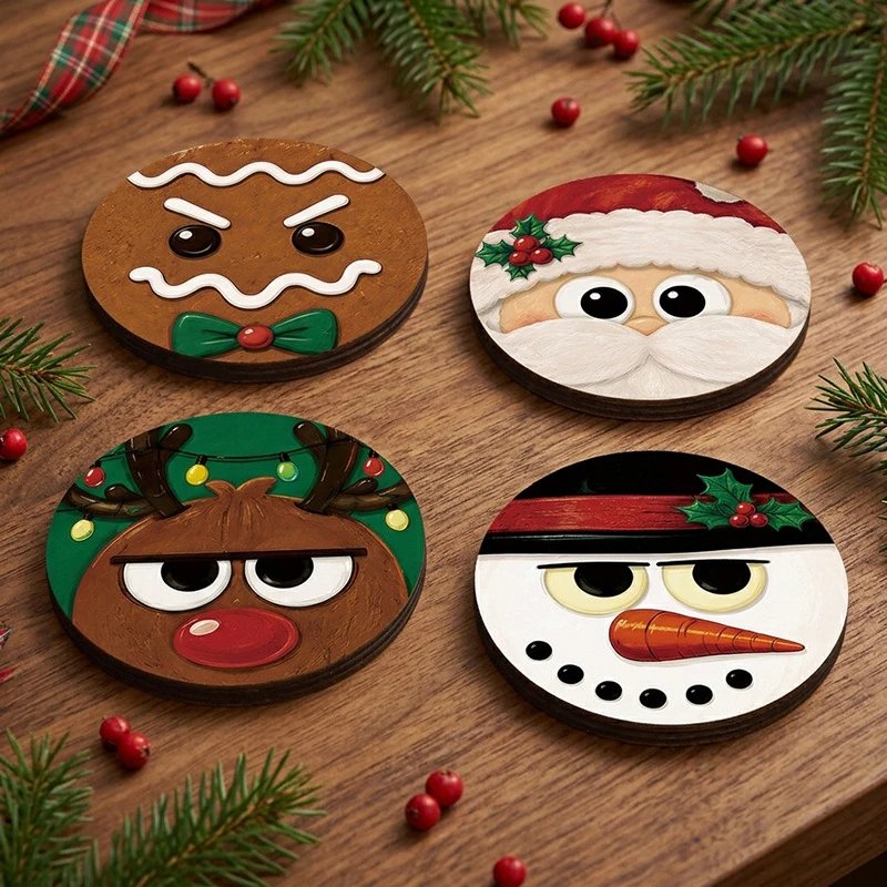 Christmas Cartoon Wooden Coasters Santa Claus Snowman Wooden Art Ornament Decor Christmas Wooden Decor | Christmas Decor