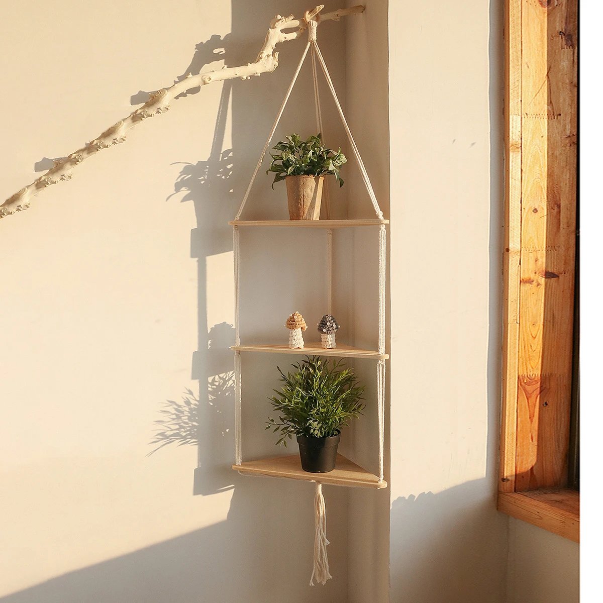 Hand-woven Triangular Wooden Tassel Flower Pot Storage Rack Simple Living Room Home Wall Pendant | Wall Decor