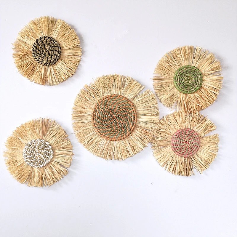 Bohemian Style Handmade Straw Wall Hanging Round Wall Decor Home Living Room Wall Raffia Hanging Decor