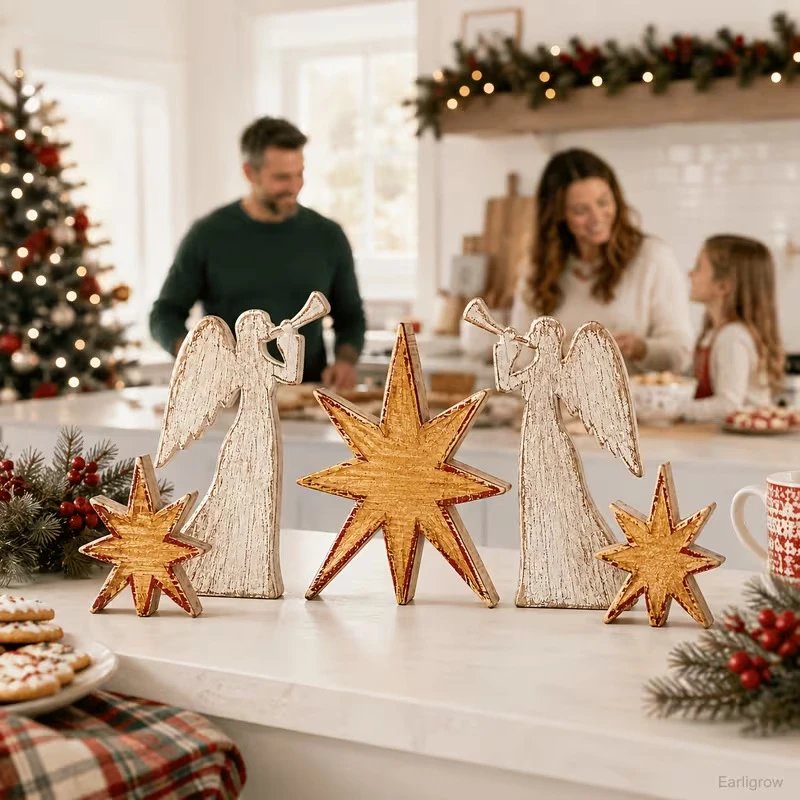 Christmas Table Decor Distressed White Wooden Angel Horn And Bethlehem Star Multi-tiered Tray Ornament | Christmas Decor