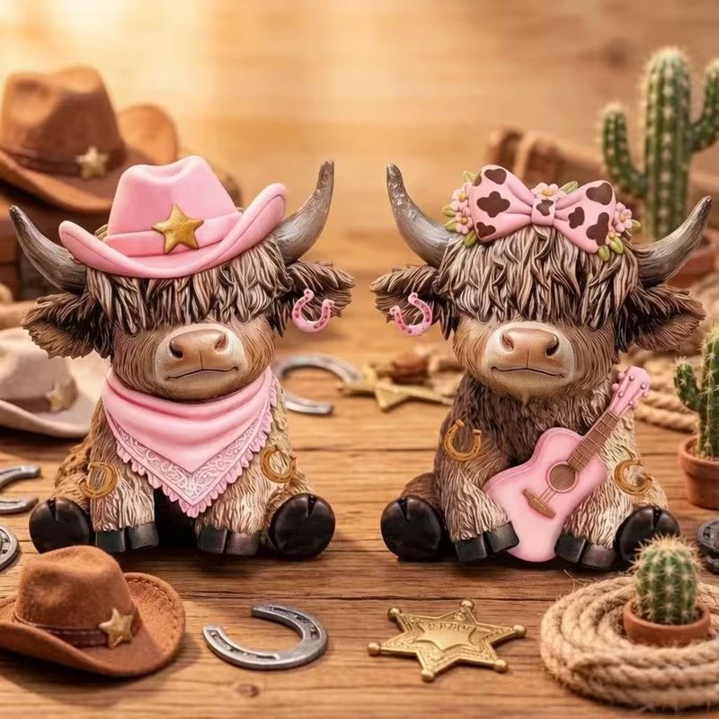 2d West Highland Cowboy Style Cow Flat Ornament Retro Country Style Outfit With Pink Cowboy Hat | Decorative Figurine