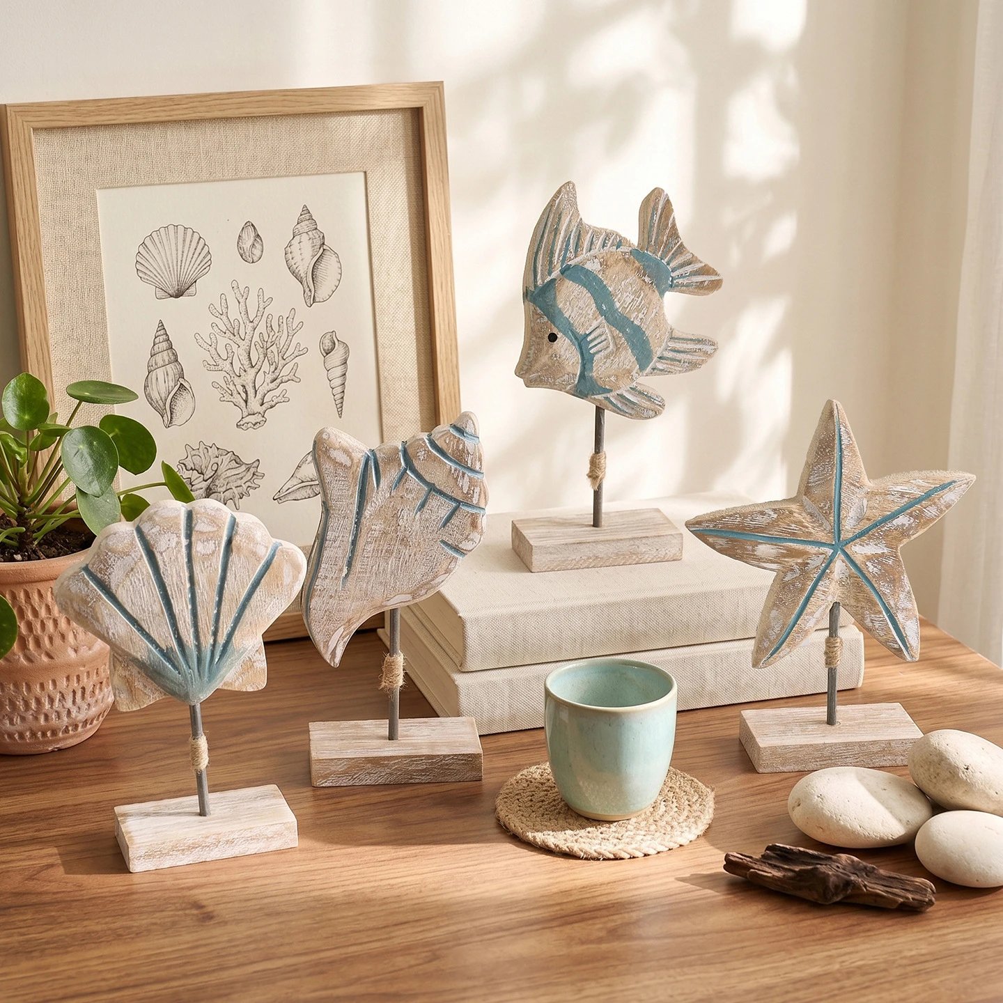 Mediterranean Style Wooden Marine Life Ornament Retro Old Fish Starfish Shell Decorative Craft Home | Decorative Figurine