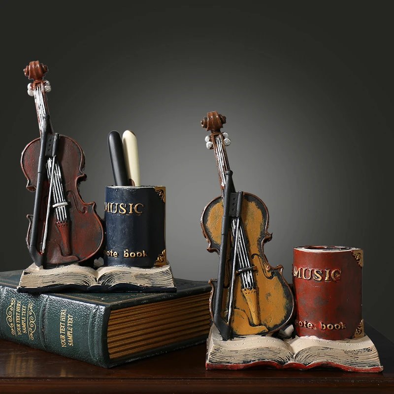 American Retro Pen Holder Violin Model Makeup Storage Box Home Study Office Decor Gift Display | Storage Organizer