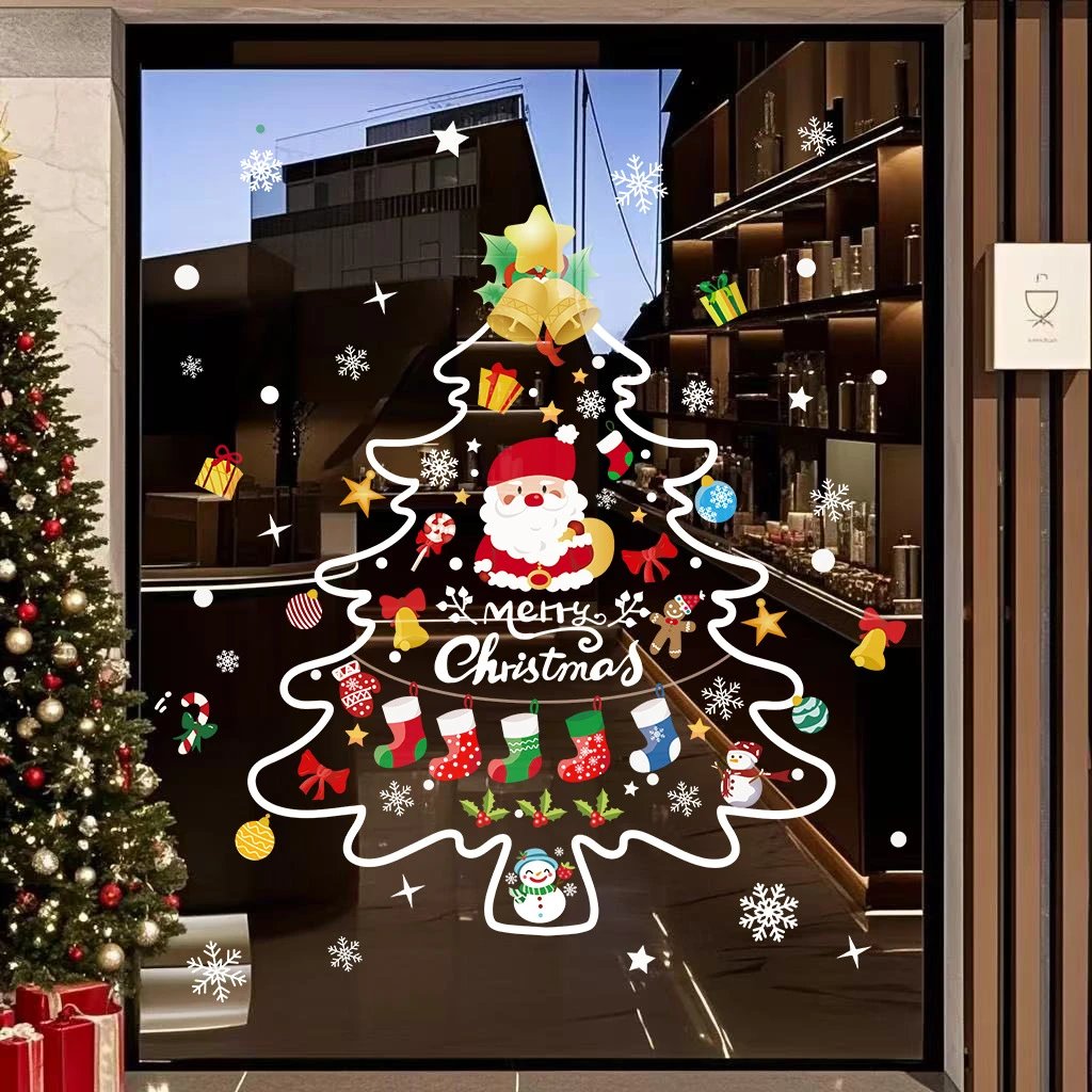 2027 Christmas Decor Cellophane Scene Layout Window Decor Shop Window Sticker Christmas Tree Static Sticker