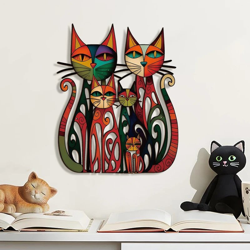 Retro Fashion Geometric Color Cartoon Cat Hollow Wooden Listing Bedroom Kitchen Cat Slave Wall Decor