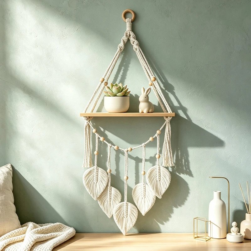 Woven Wooden Board Storage Rack Tapestry Bedroom Bedside Wall Storage Partition Bohemian Leaf Tapestry | Wall Decor