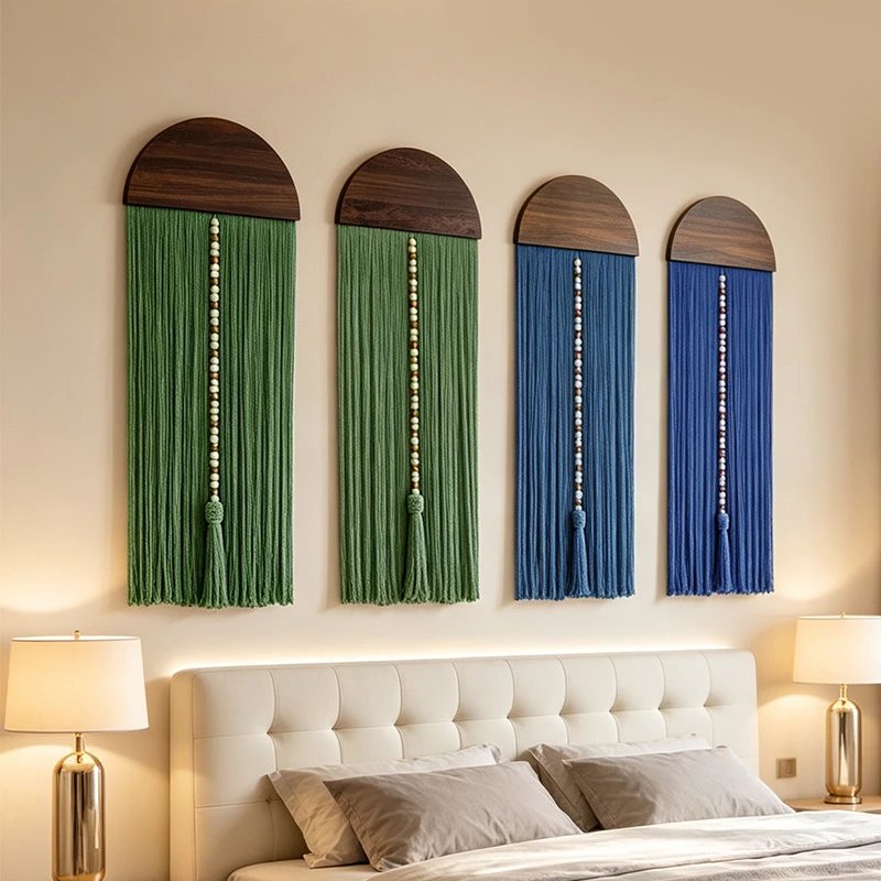Nordic Half-circle Wooden Board Tassel Tapestry Bohemian Hand-woven Wall Hanging Home Entrance Wall Decor