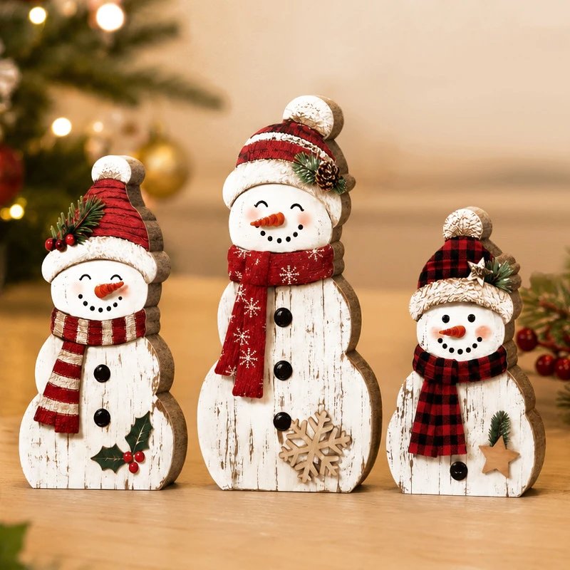 Christmas Tabletop Decor Atmosphere Wooden Ornament Home Christmas Decor Cartoon Snowman Three-piece Set