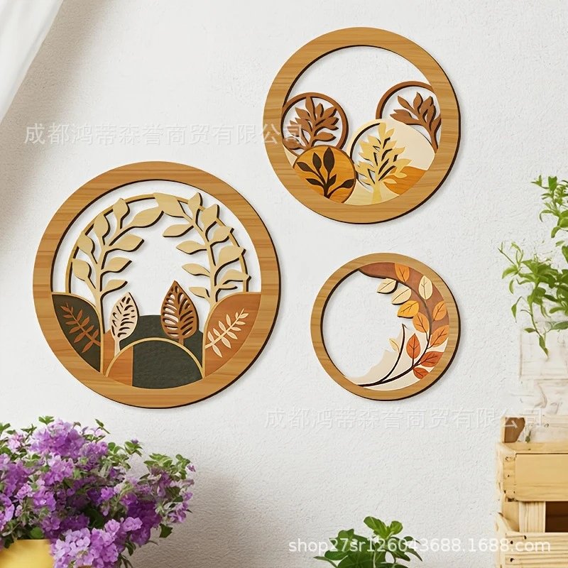 Hollow Autumn Leaf Triptych Circular Wood Carving Wall Hanging Log Layered Leaves Wall Decor Wood Pendant Foreign Trade Wabi-sabi