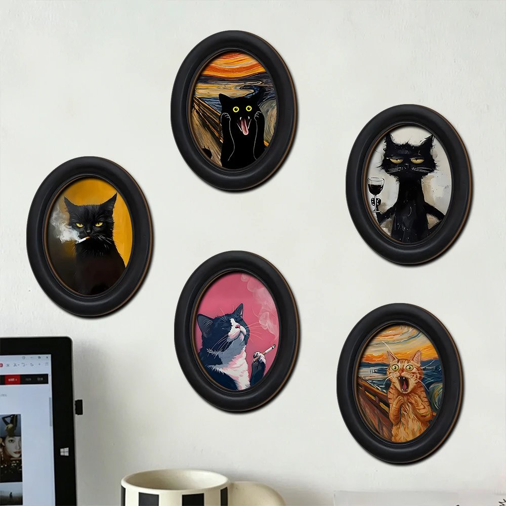 Abstract Painting Screaming Cat Series 2d Wooden Furniture Decor Oval Wall Decor Decorative Craft
