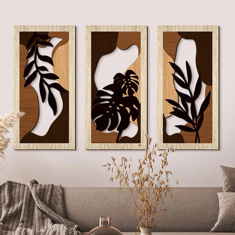 French Wall Set Leaves 3-piece Set Wooden Home Decor Wooden Pendant Wall Art Hollow Wooden Board Wall Decor