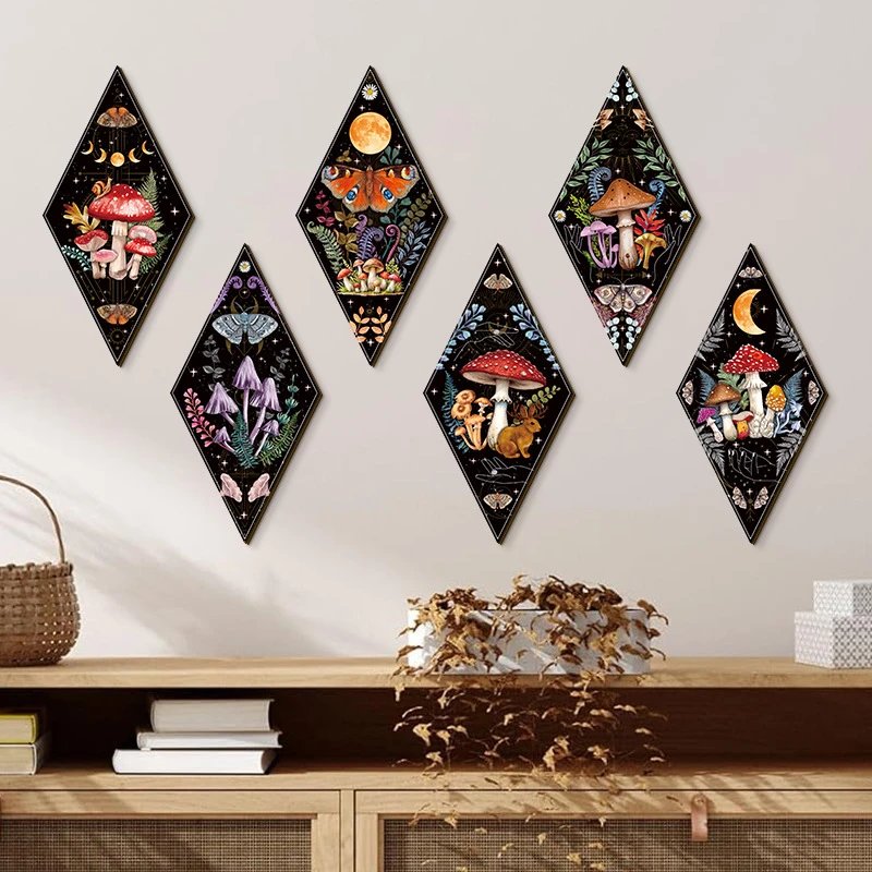 Retro Bohemian Style Plant Mushroom Wall Decor Pendant Geometric Rhombus Wooden Wall Hanging Wall Decor