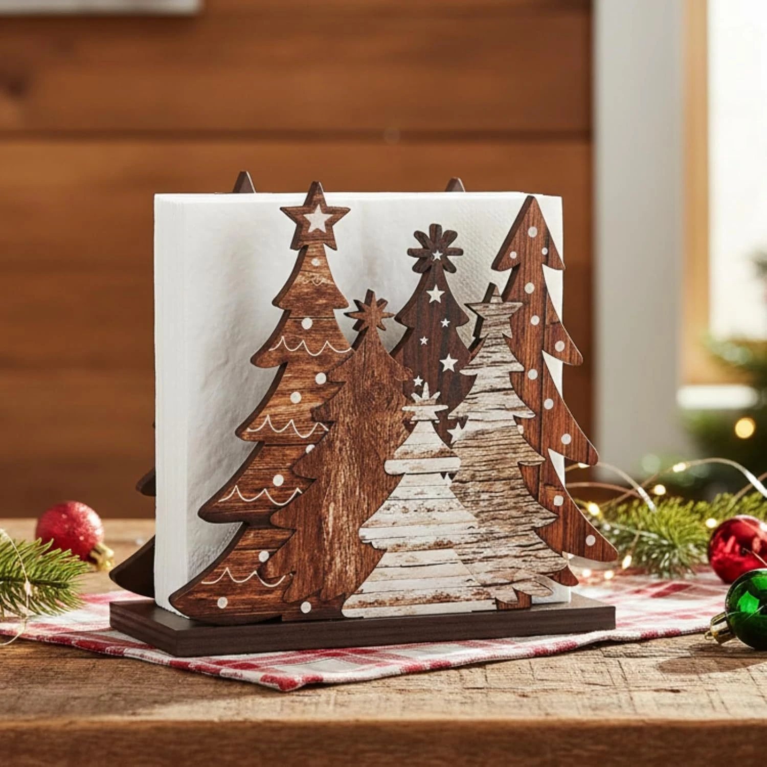 Christmas Tree Wooden Paper Towel Holder Tabletop Decor Napkin Storage Atmosphere Decor Desktop Vertical | Christmas Decor