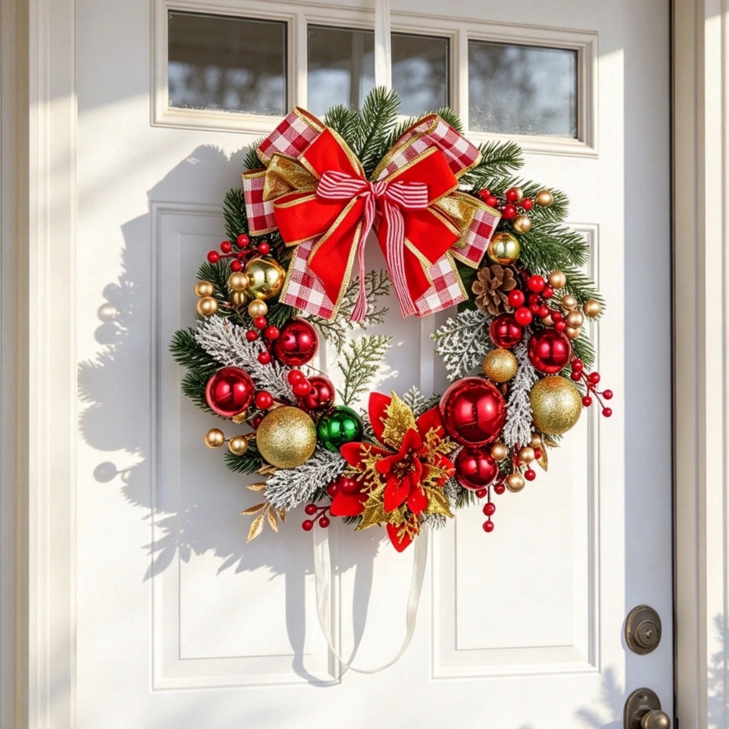 Christmas Wreath Red Plaid Bow Simulated Pine Branch Christmas Ball Berry Door Hanging American Home Wall | Christmas Decor