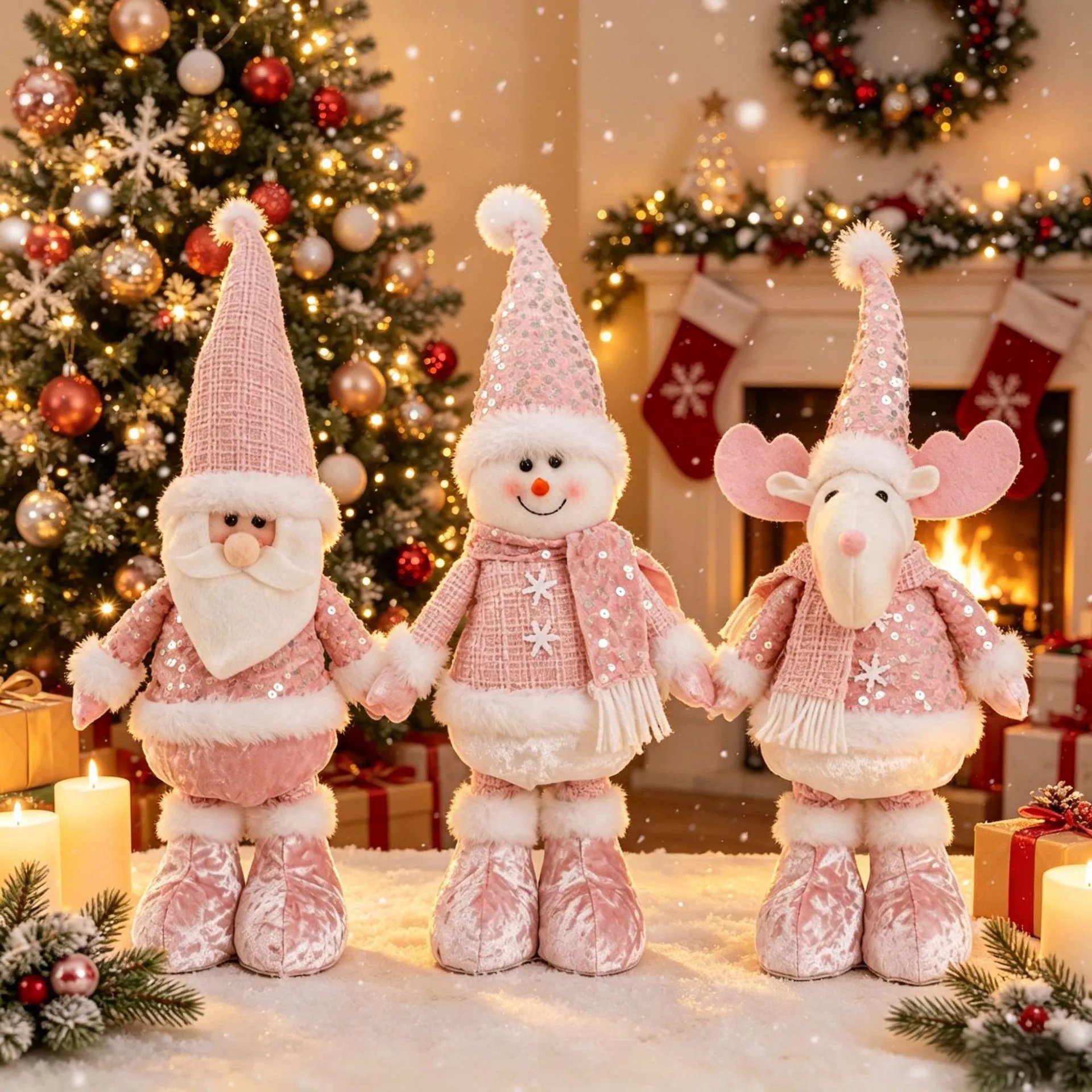 Christmas Decor Retractable Pink Sequined Boy Santa Claus Snowman Elk Home Decor Ornament
