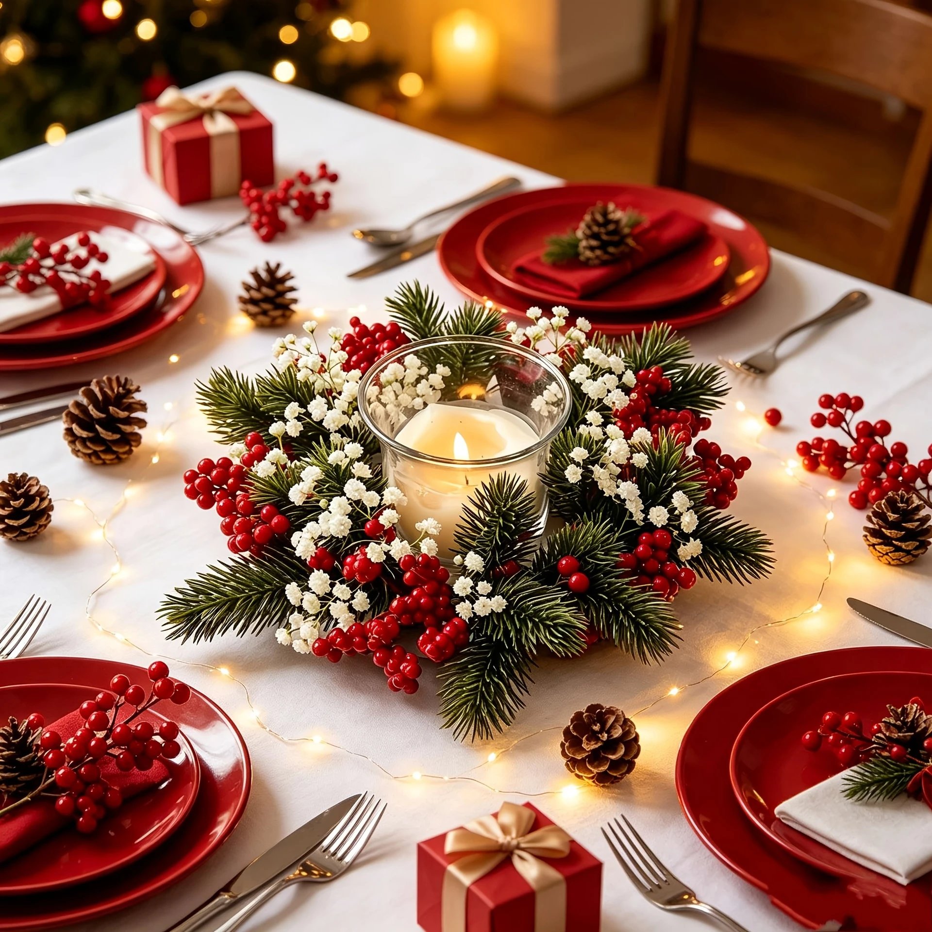 Novelty Pine Needles Red Fruit Roses Christmas Garland Table Decor Christmas Arrangement Berry | Christmas Decor