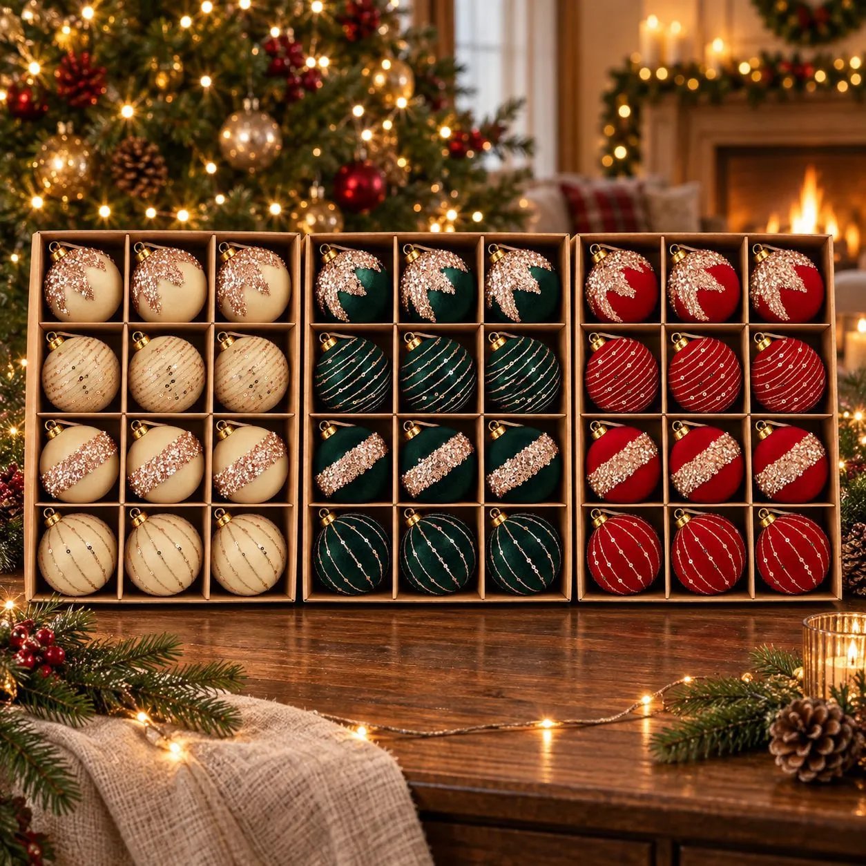 Flocked Christmas Balls 8cm 12 Gift Box Set Holiday Decor Hanging Balls Factory Ready Stock Can Be Mixed | Christmas Decor